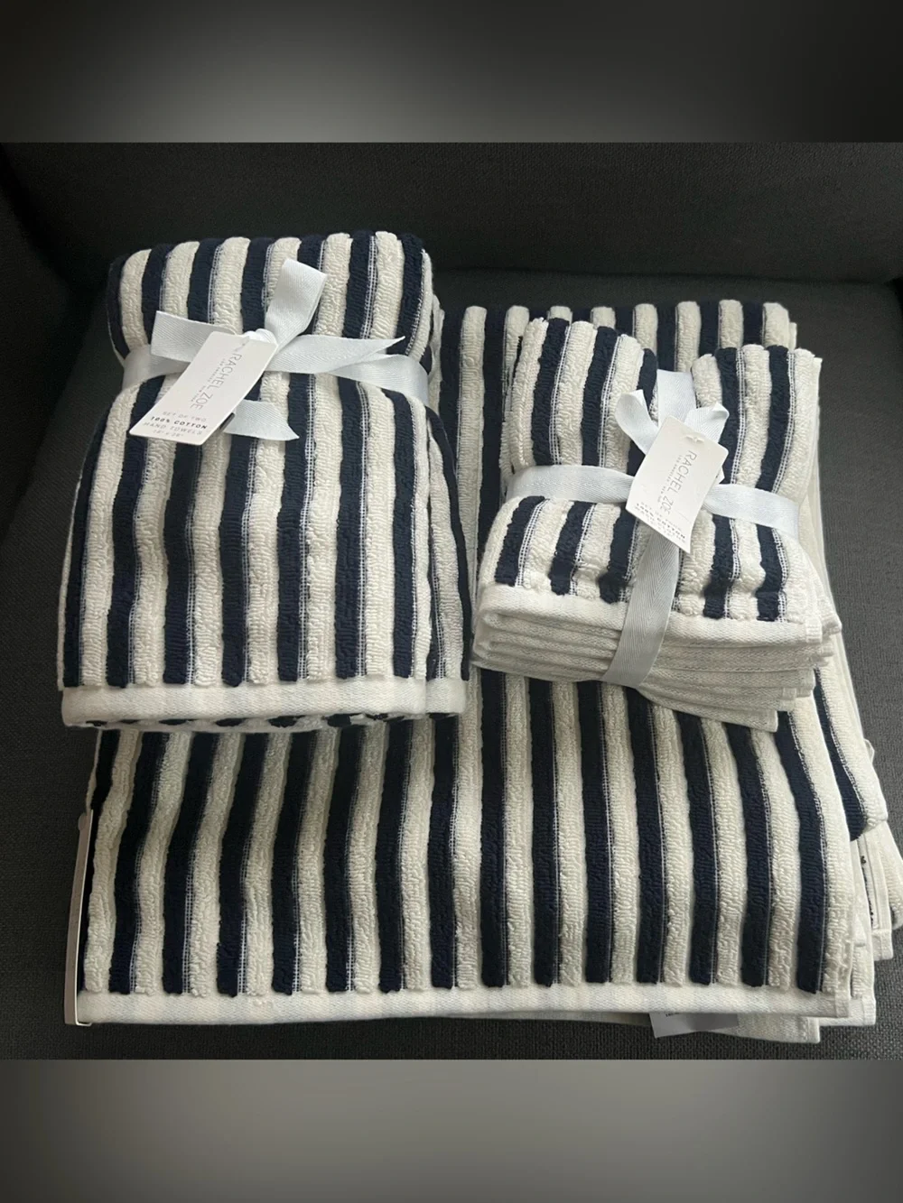 8 pc Rachel Zoe Rainbow Bath towel Set Stripe Cotton Hand Towels black